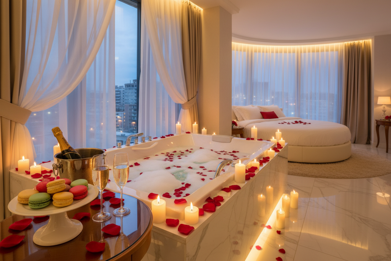 fais moi un logement avec du champagne des petales et un jaccuzzi et du macaron