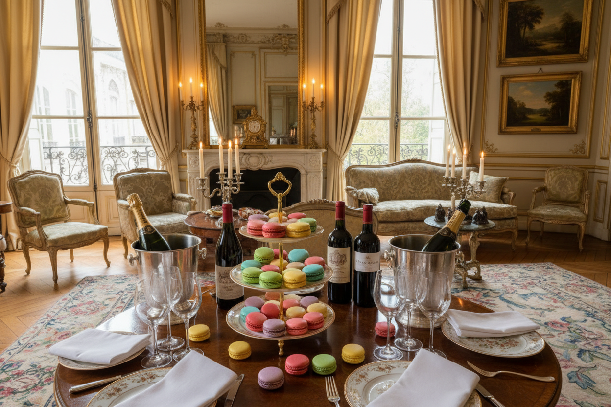logement avec du champagne et du vin sur la table et des macarons 